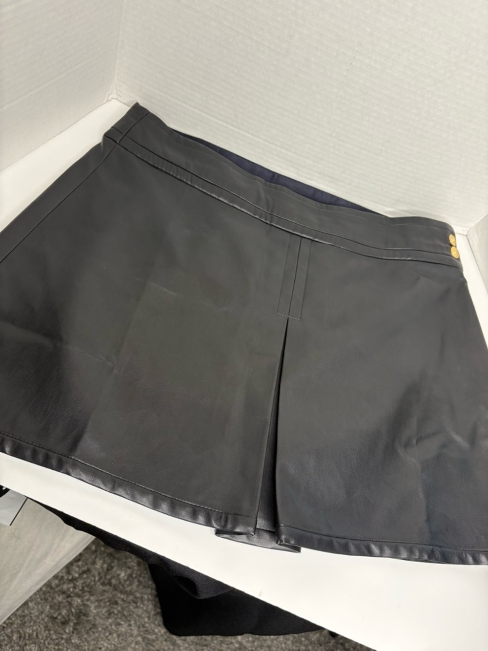J. Crew Black Faux Leather Mini Skirt with Gold Crest Buttons